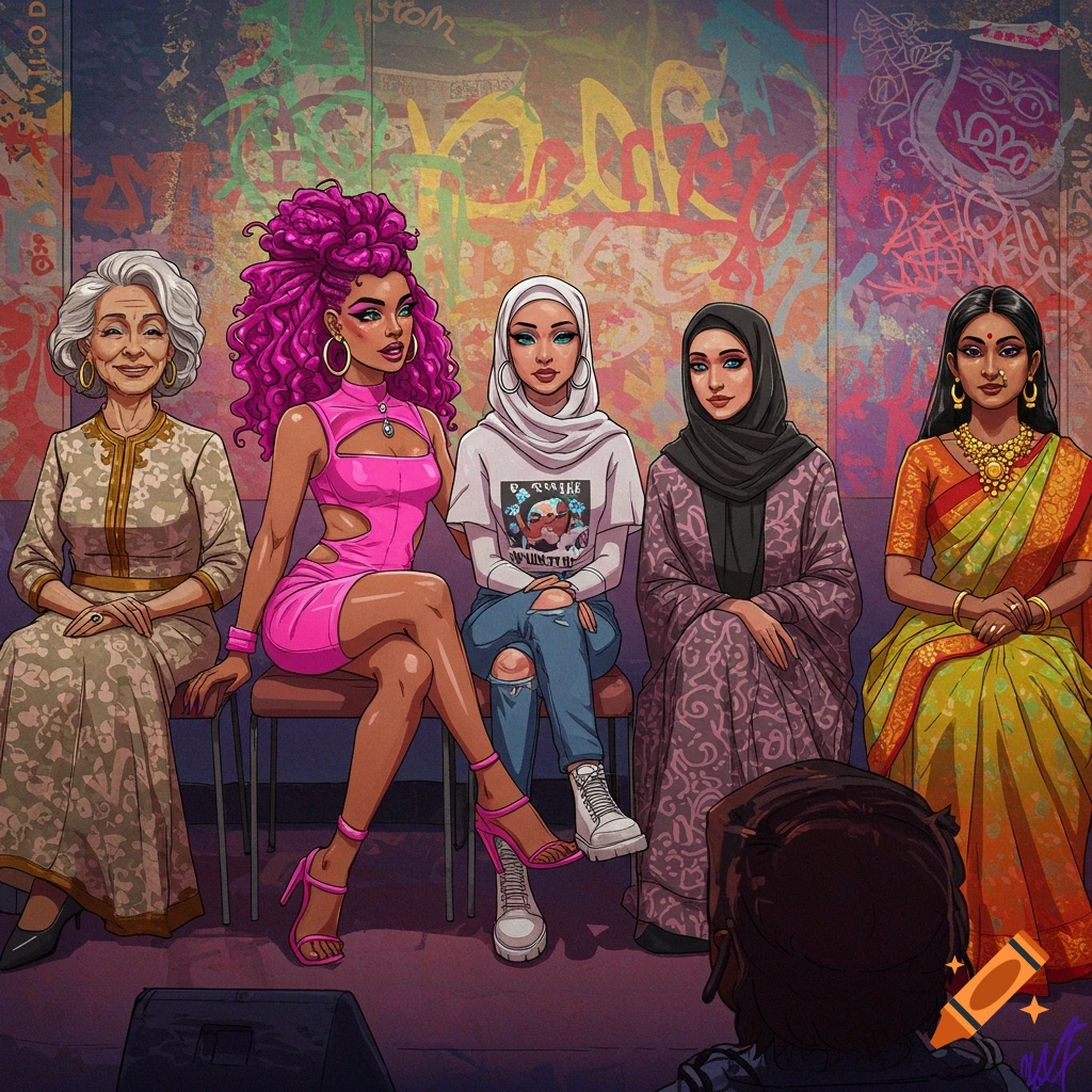 Image of women from diverse cultures and eras on a panel.