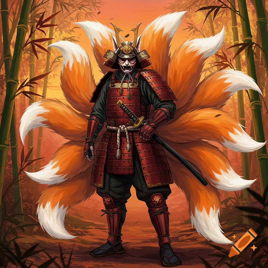 A Kitsune Samurai with nine tails standing in a bamboo forest.