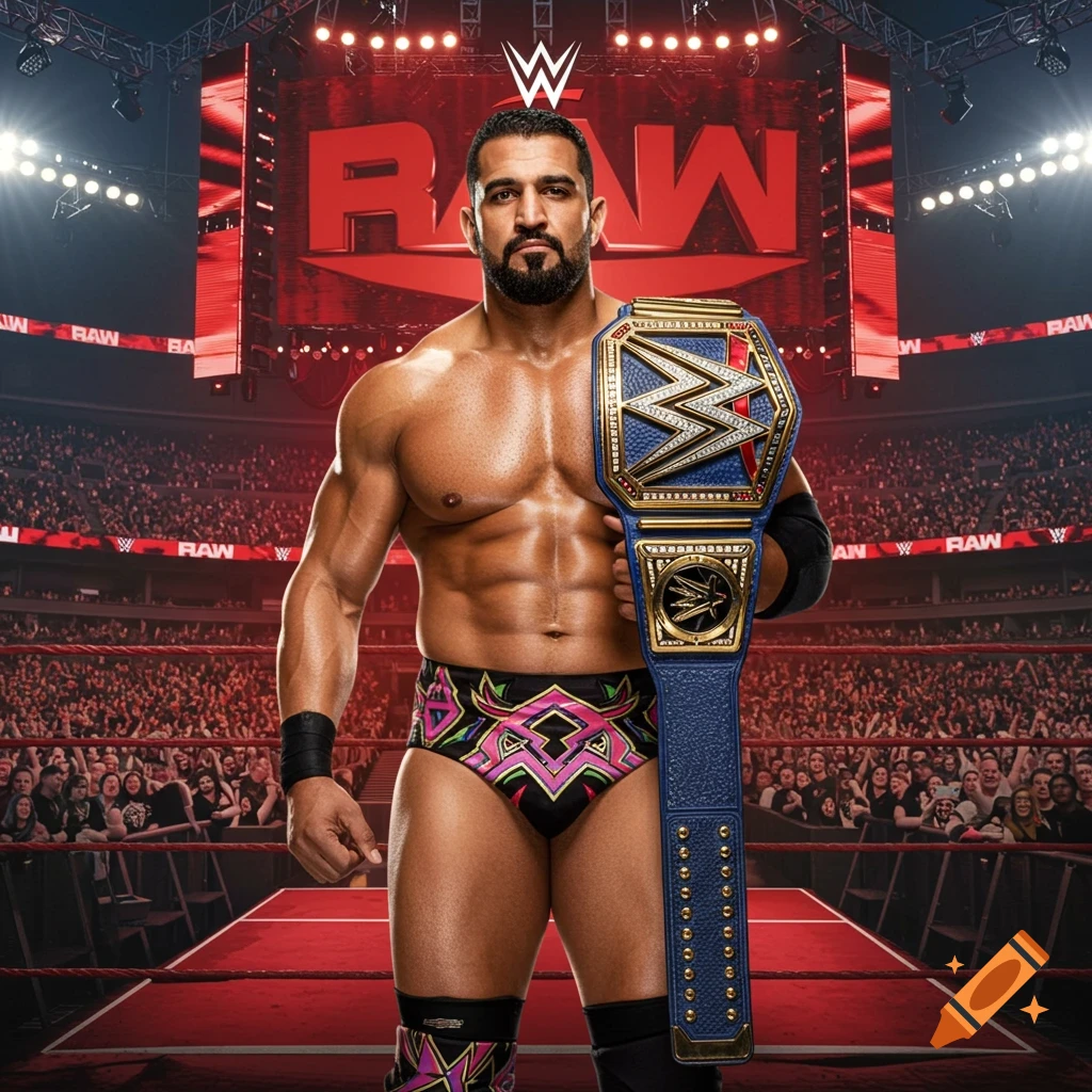 A muscular pro wrestler stands in an arena holding a championship belt. Red lighting illuminates the crowd and the stage with "RAW" logos.