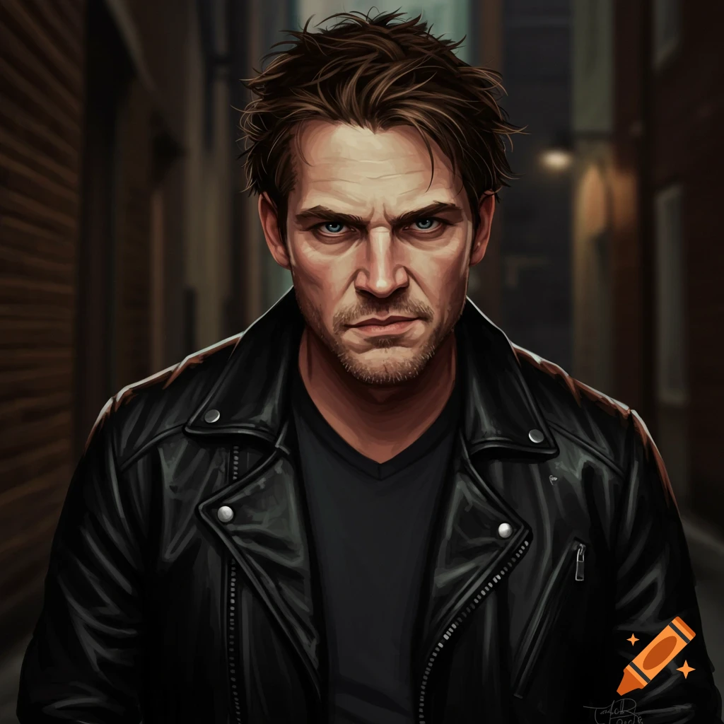 A stern man in a leather jacket stands in a dark alley.