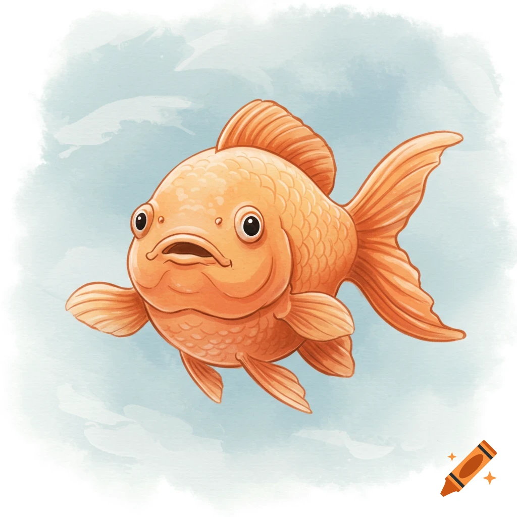 A cute, wide orange goldfish with dark orange fins swimming, rendered in a watercolor style.