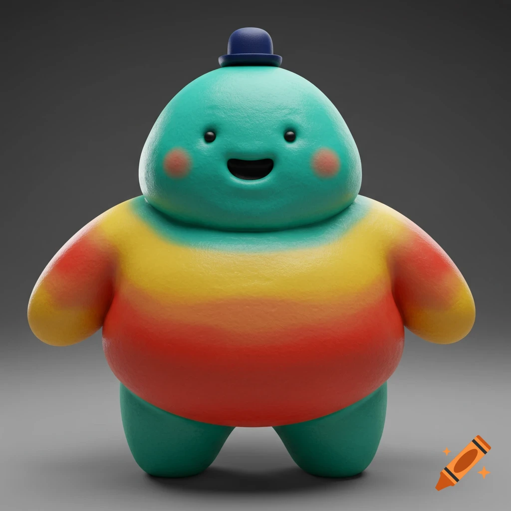 A fat doughy humanoid wearing a blue bowler hat and a red, yellow, and orange striped shirt.