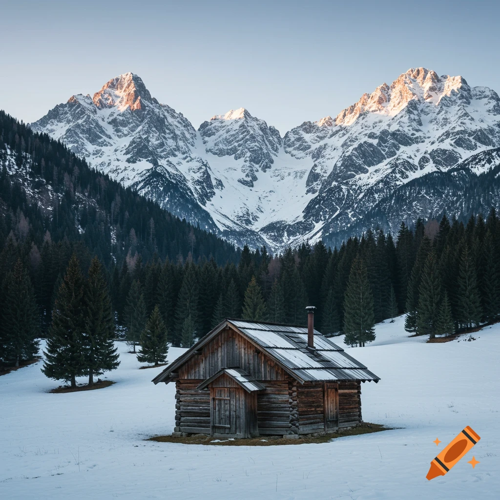 A photorealistic image of a wooden cabin in a snowy mountain landscape