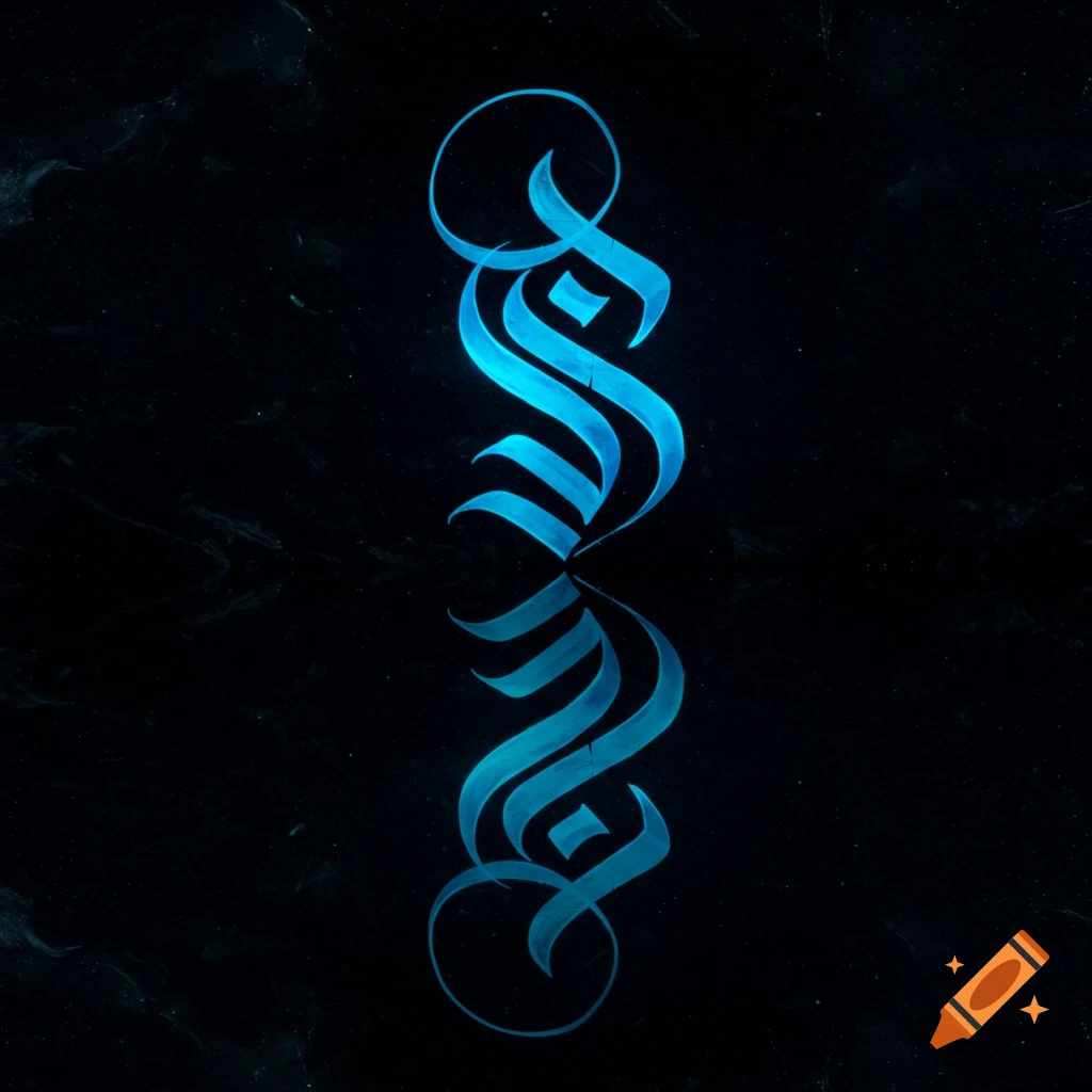 Abstract blue calligraphic design reflecting on a black background.