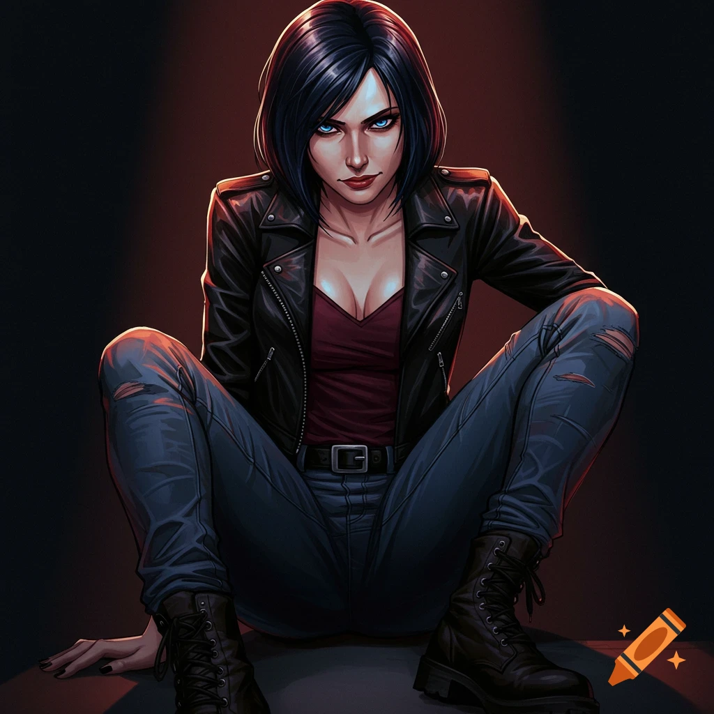 A woman in a leather jacket, red top, and ripped jeans is squatting.