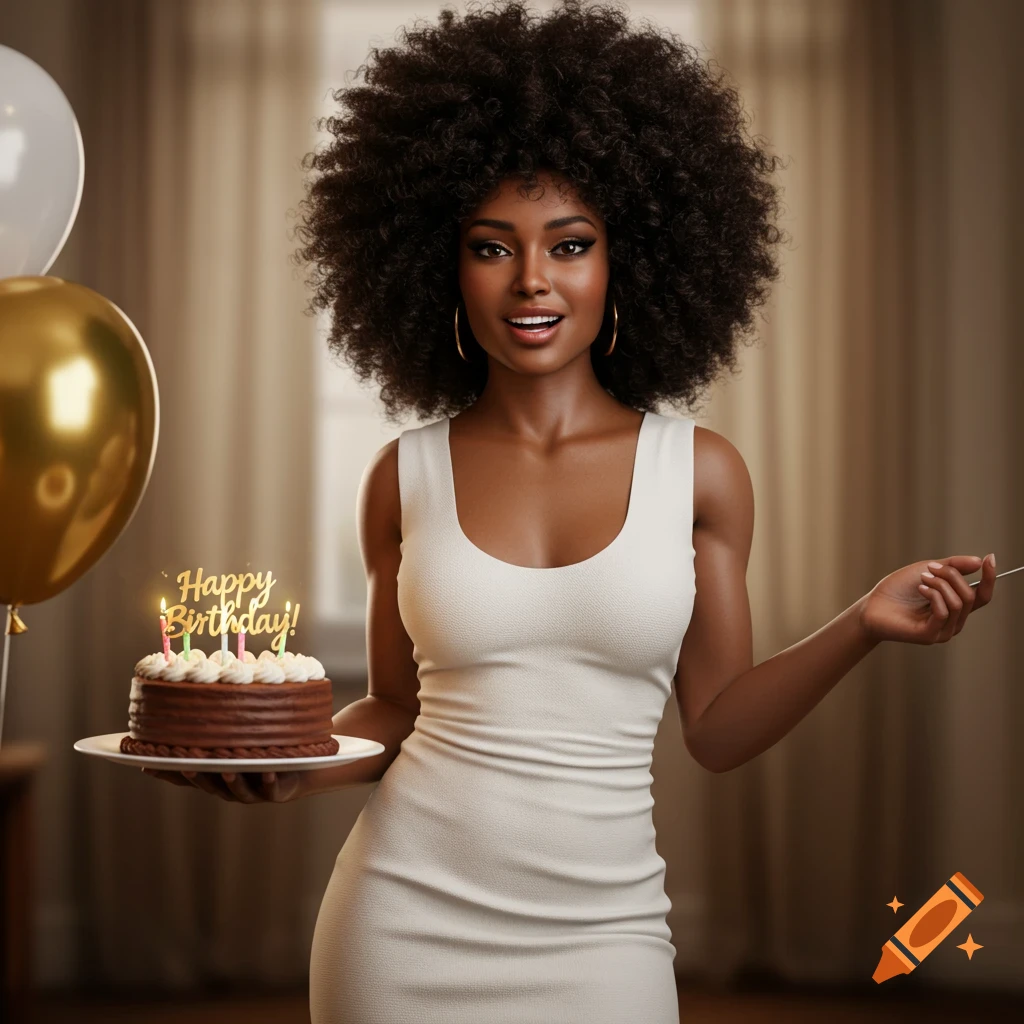A beautiful African-American woman with an afro, wearing a white dress, holds a birthday cake with candles and Happy Birthday text. Balloons are visible.