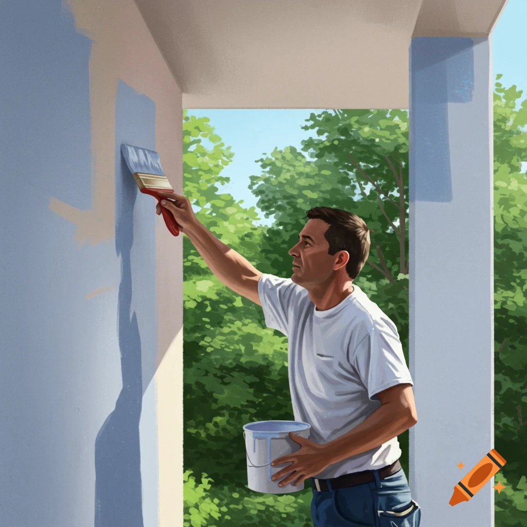 A man painting a wall outdoors with a brush and bucket.
