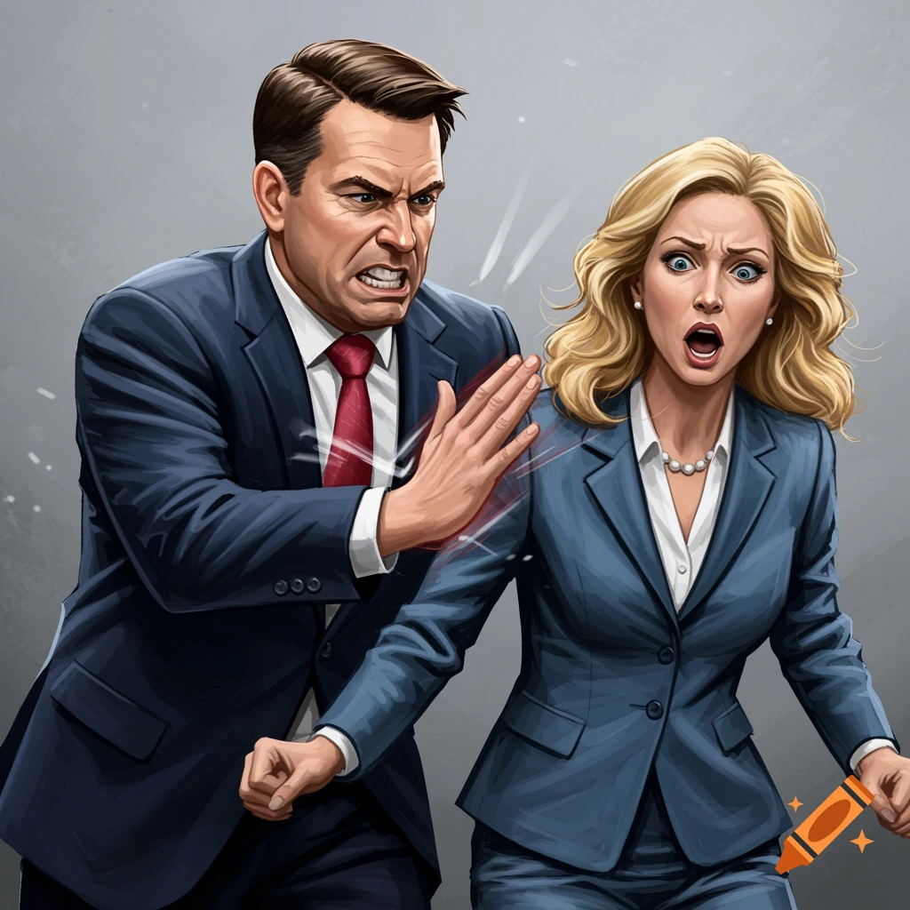 A man in a suit is about to slap a surprised woman in a suit.