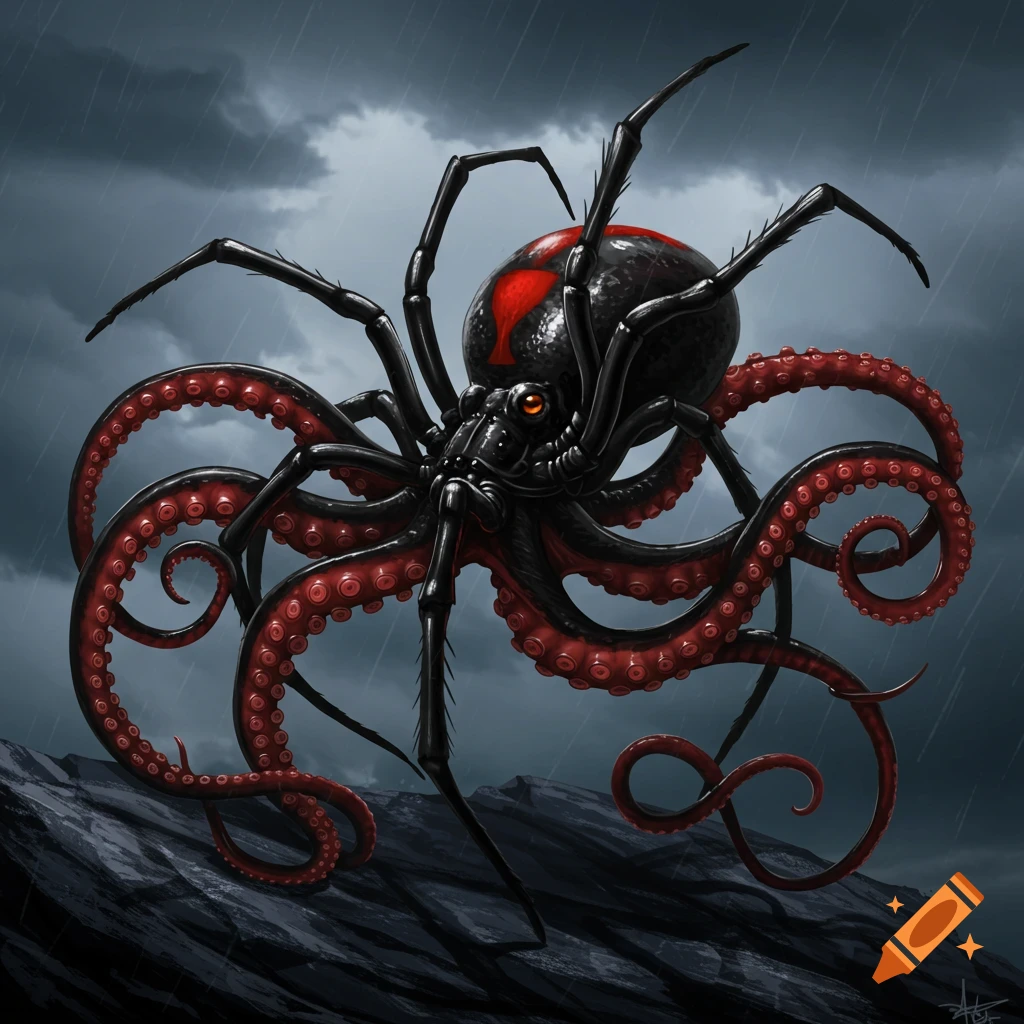 A black widow spider crossed with an octopus stands on rocks in the rain.