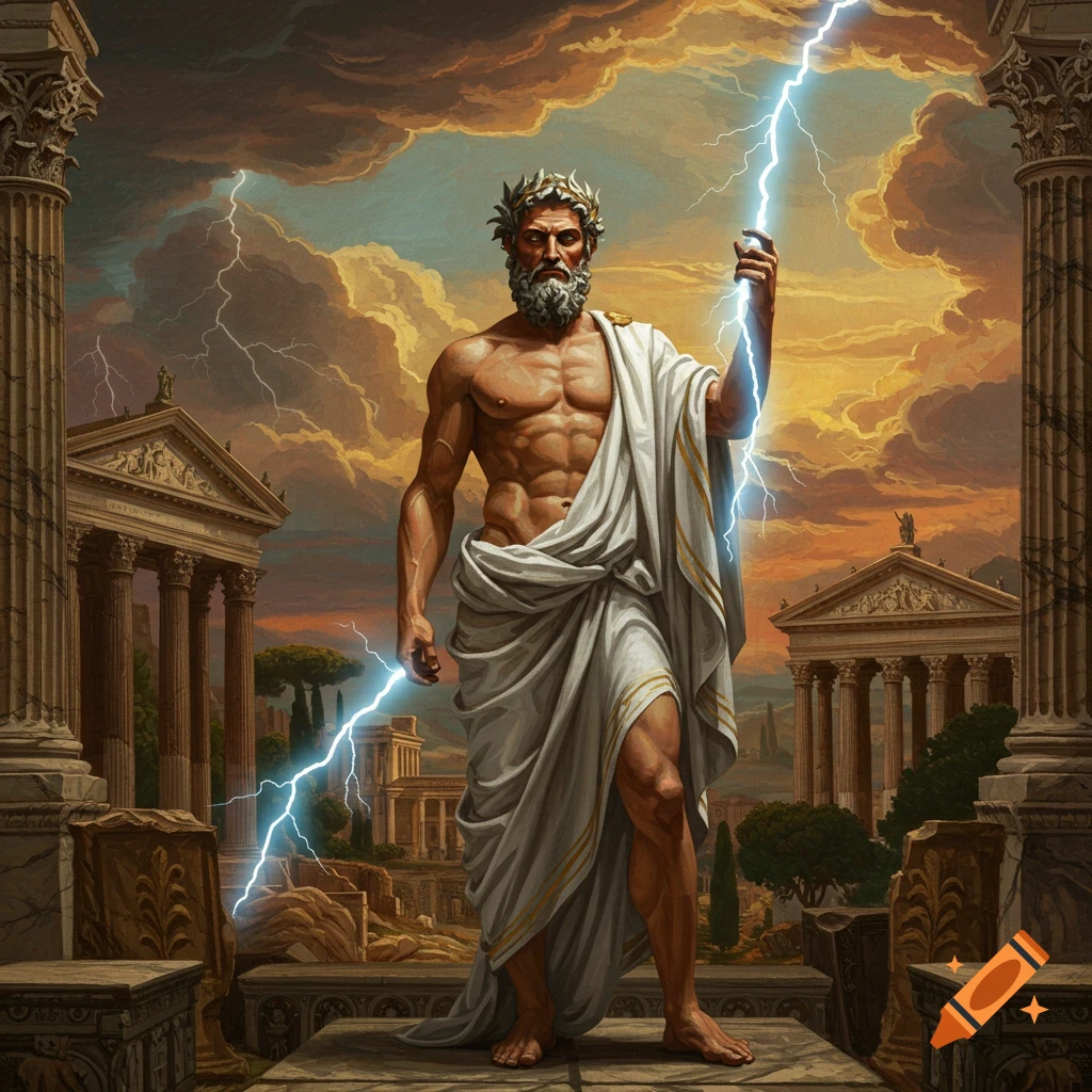 A depiction of Zeus, king of the gods, standing among classical ruins holding lightning bolts.