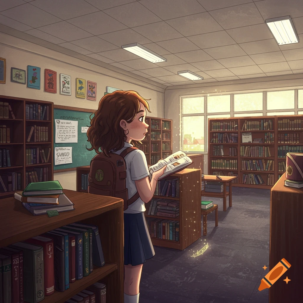A cartoon illustration of a girl reading a book in a school library filled with bookshelves and a touch of magic.
