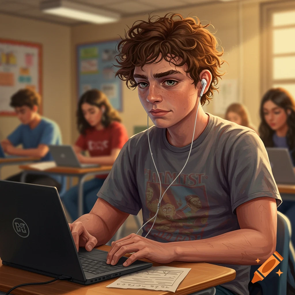 A teenage boy with messy hair and headphones using a laptop in a classroom.