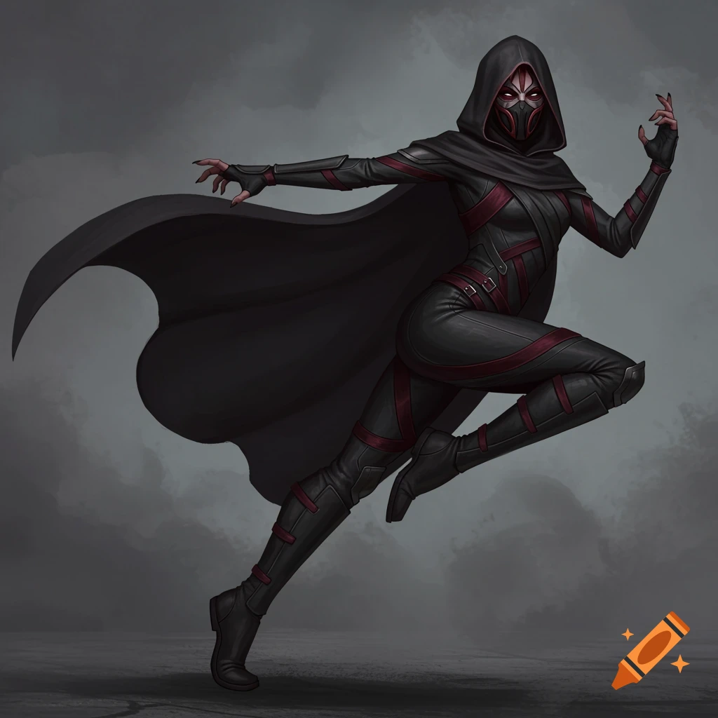 A female character in a black and red hooded villain outfit is captured in mid-movement.