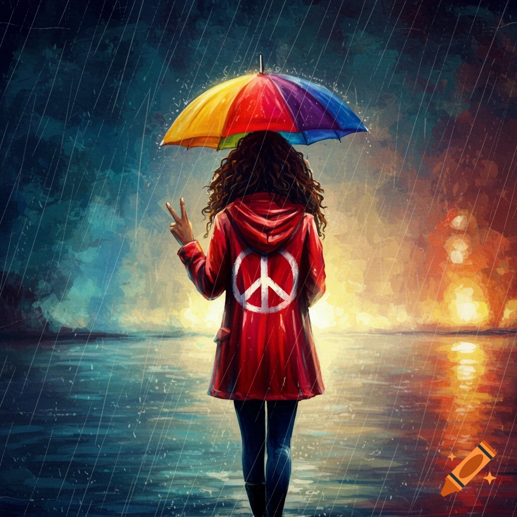 A woman with a rainbow umbrella and a peace sign on her red coat, walking away in the rain.