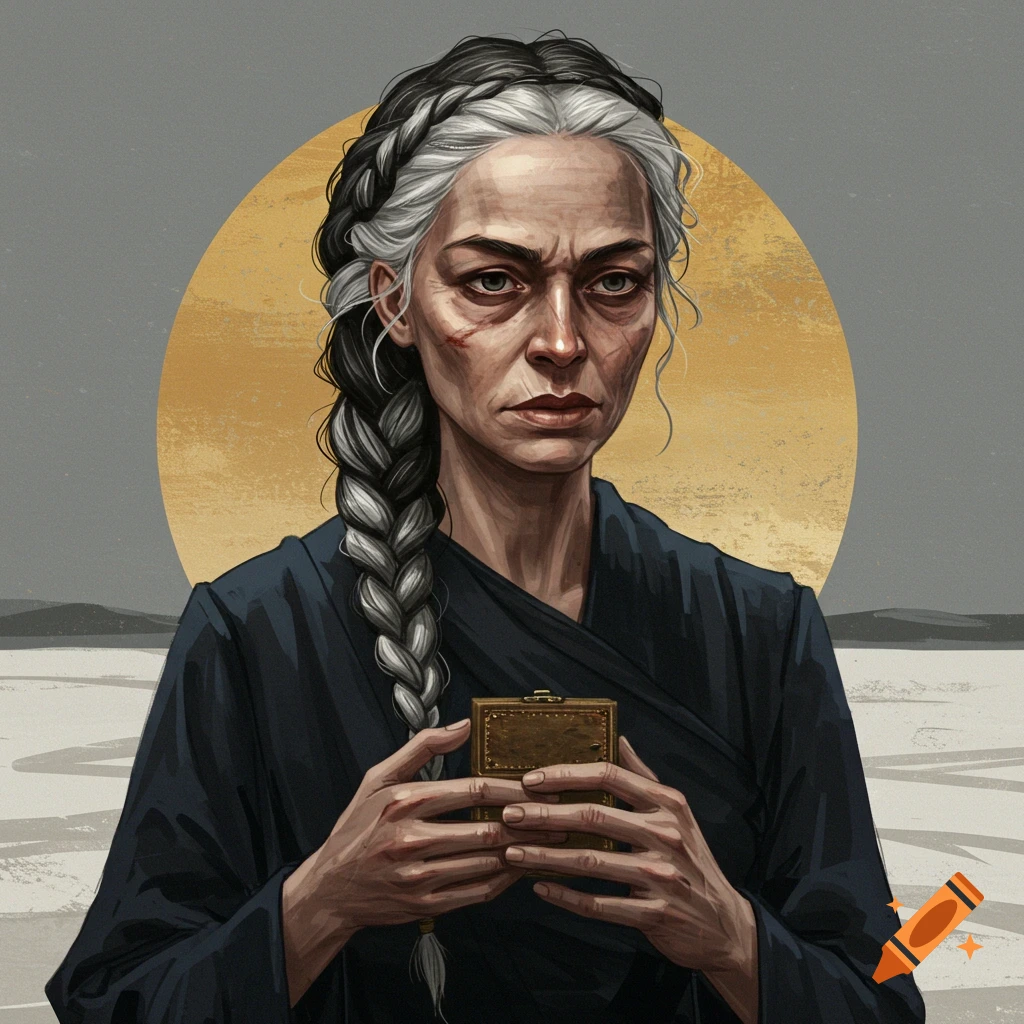 An older woman with a long grey braid holds a small ornate box.