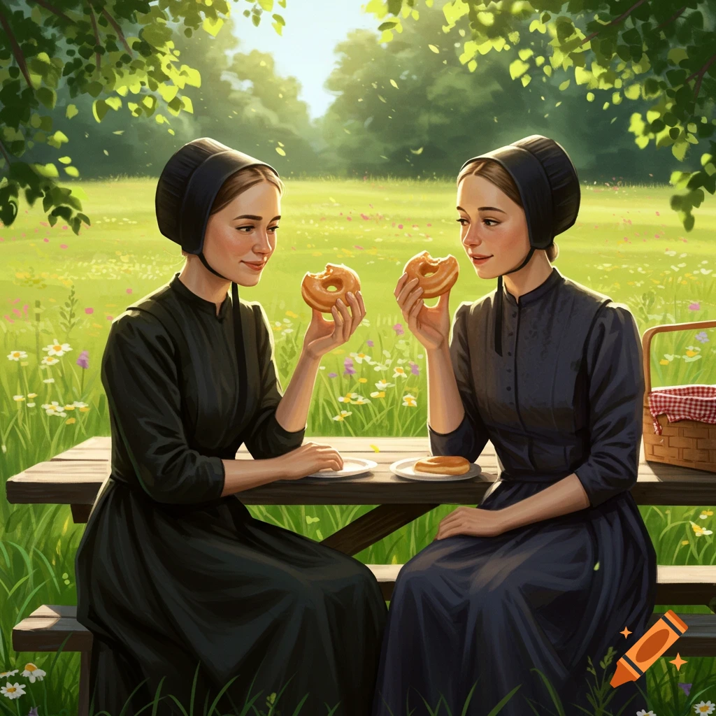 Two Amish women eating donuts at a picnic table in a field.