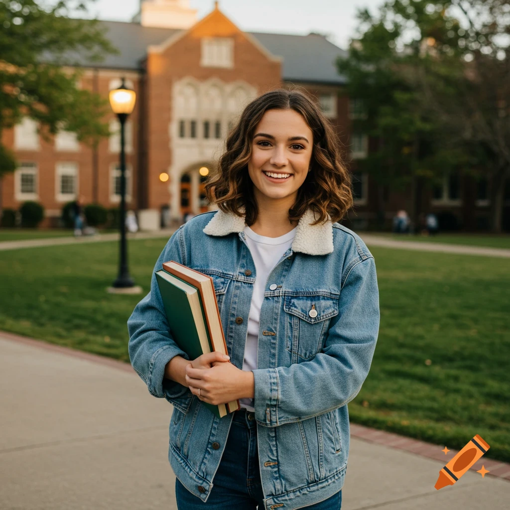 Female college student smiling on campus, holding books