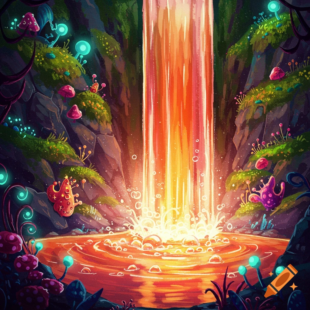 A vibrant image of a glowing orange waterfall in a fantastical alien landscape with strange plants and creatures.