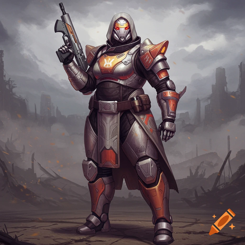 A person in sci-fi armor holds a rifle in a ruined city.