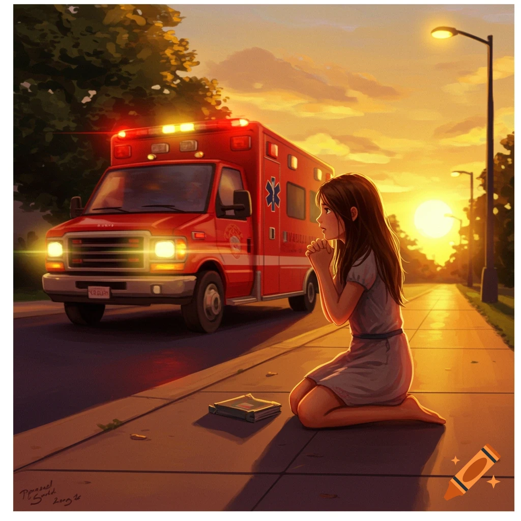 A girl prays on a sidewalk near an ambulance at sunset.
