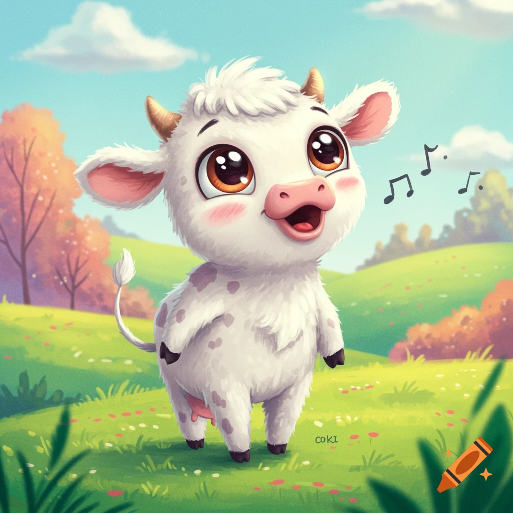 Whimsical image of a cute cartoon baby cow singing in a meadow.