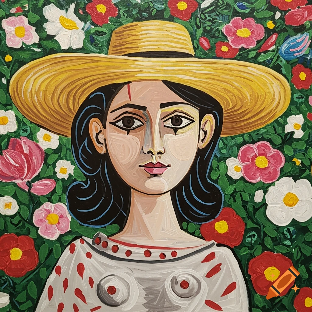 Painting of a woman in a straw hat surrounded by flowers, in a cubist style.