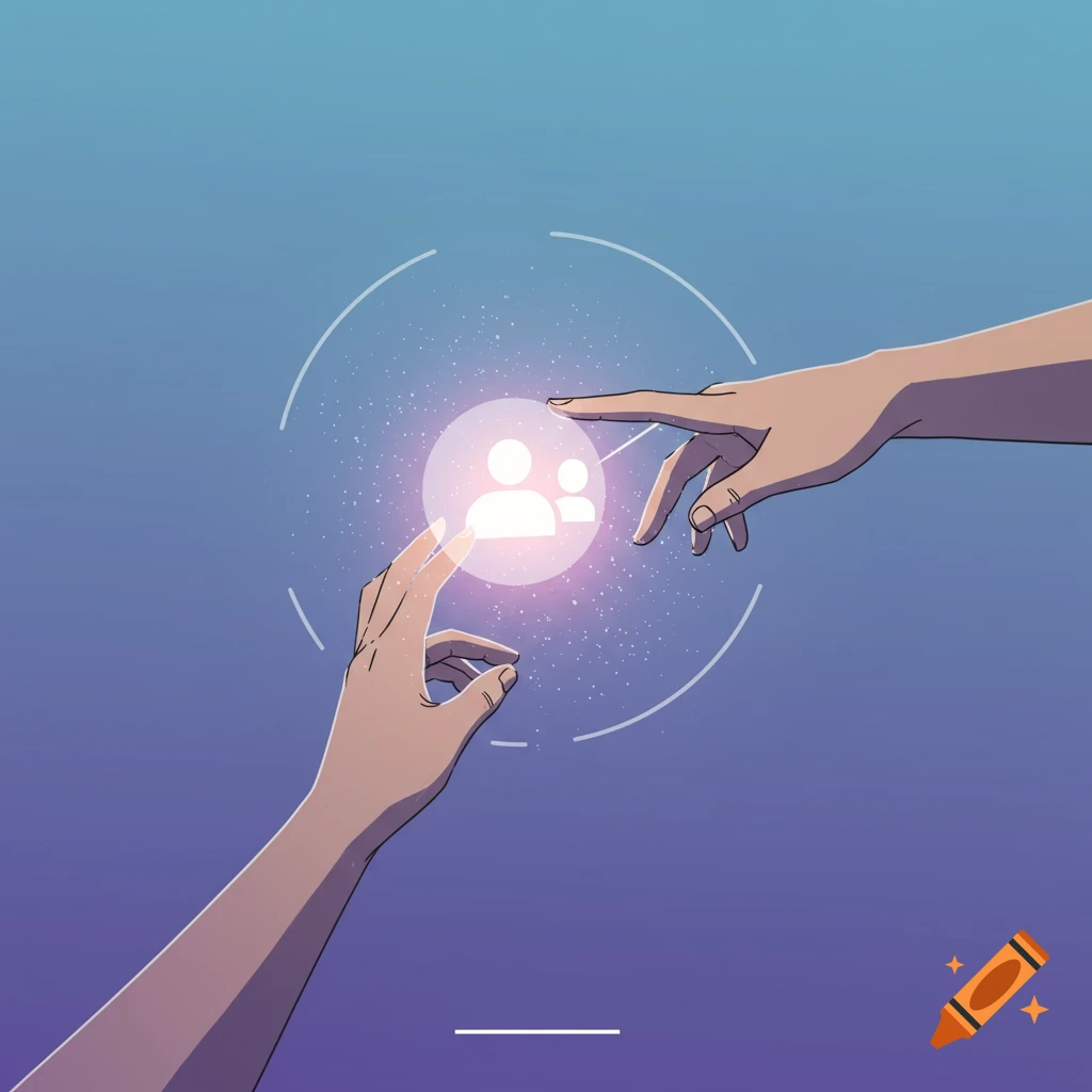 Two hands reaching towards a glowing orb with abstract figures, digital illustration.