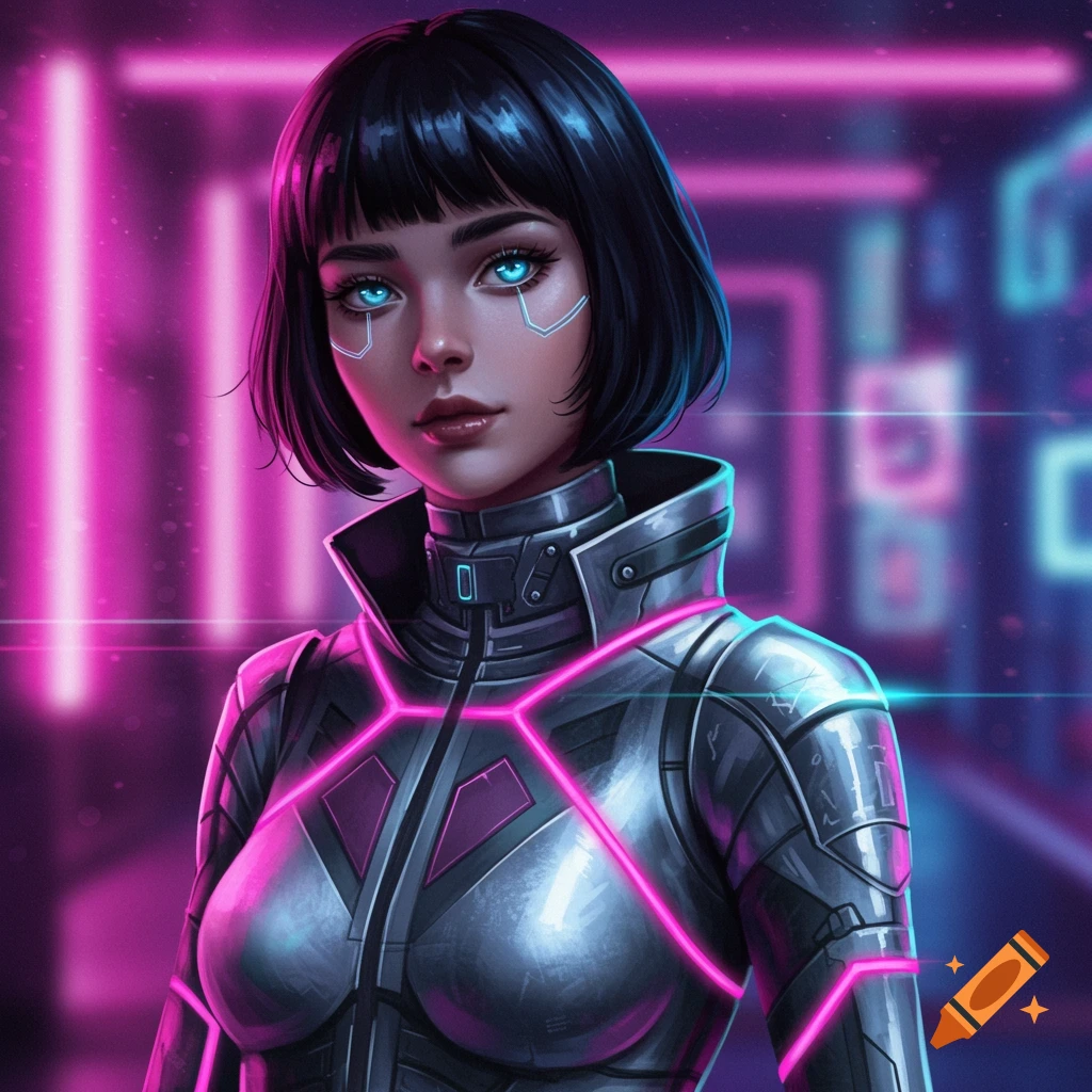 A woman in futuristic silver armor with neon pink lights stands in a cyberpunk city.