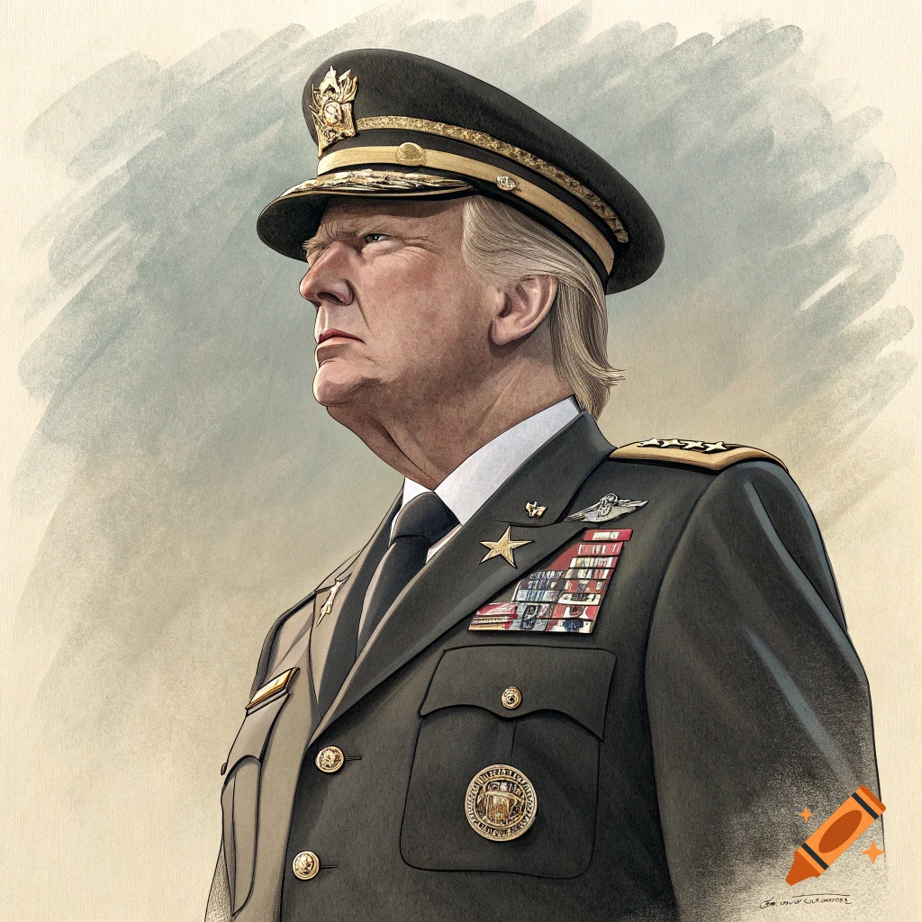 Illustration of a man resembling Donald Trump in a military uniform and cap.