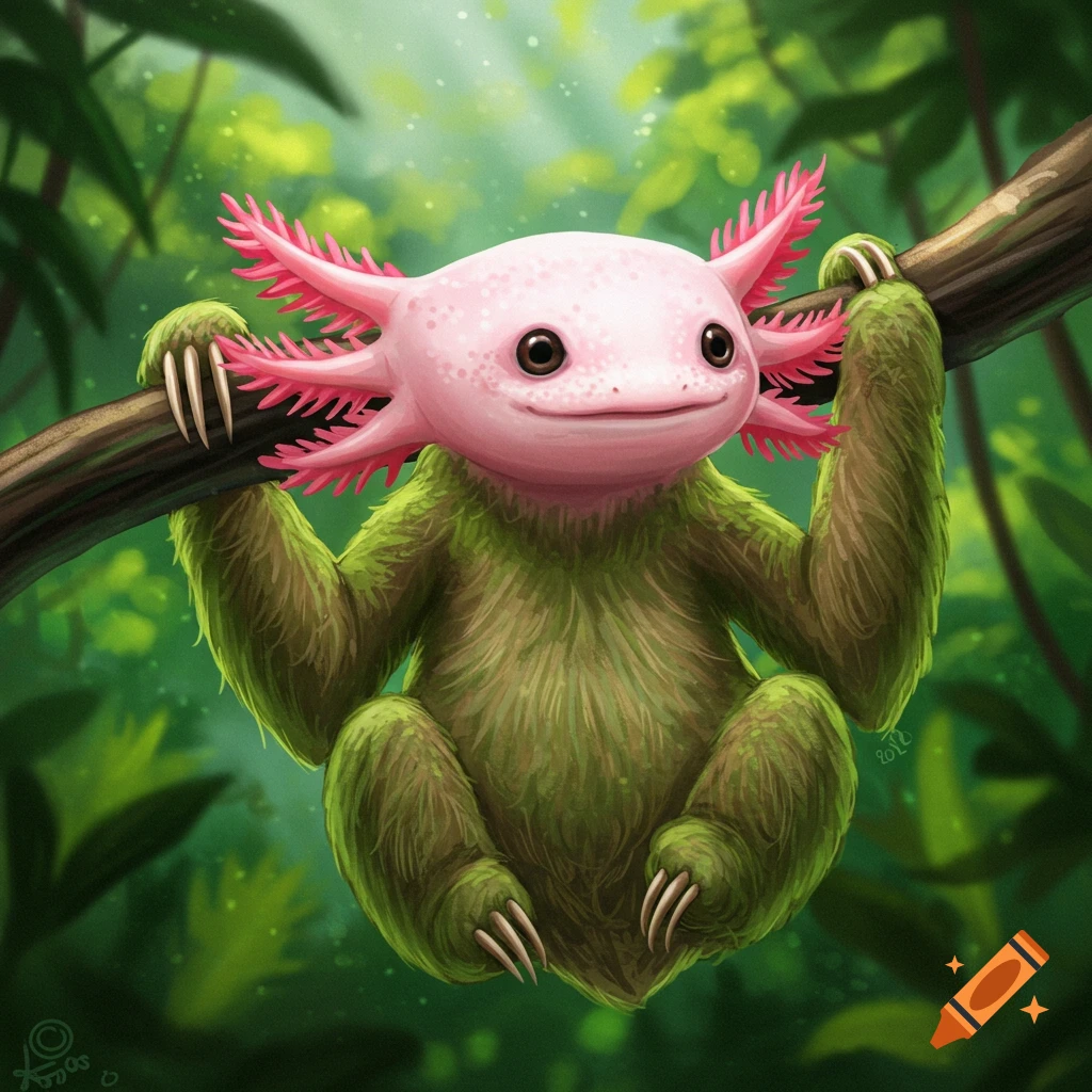 A cute creature with an axolotl head and sloth body hangs from a branch in a jungle.