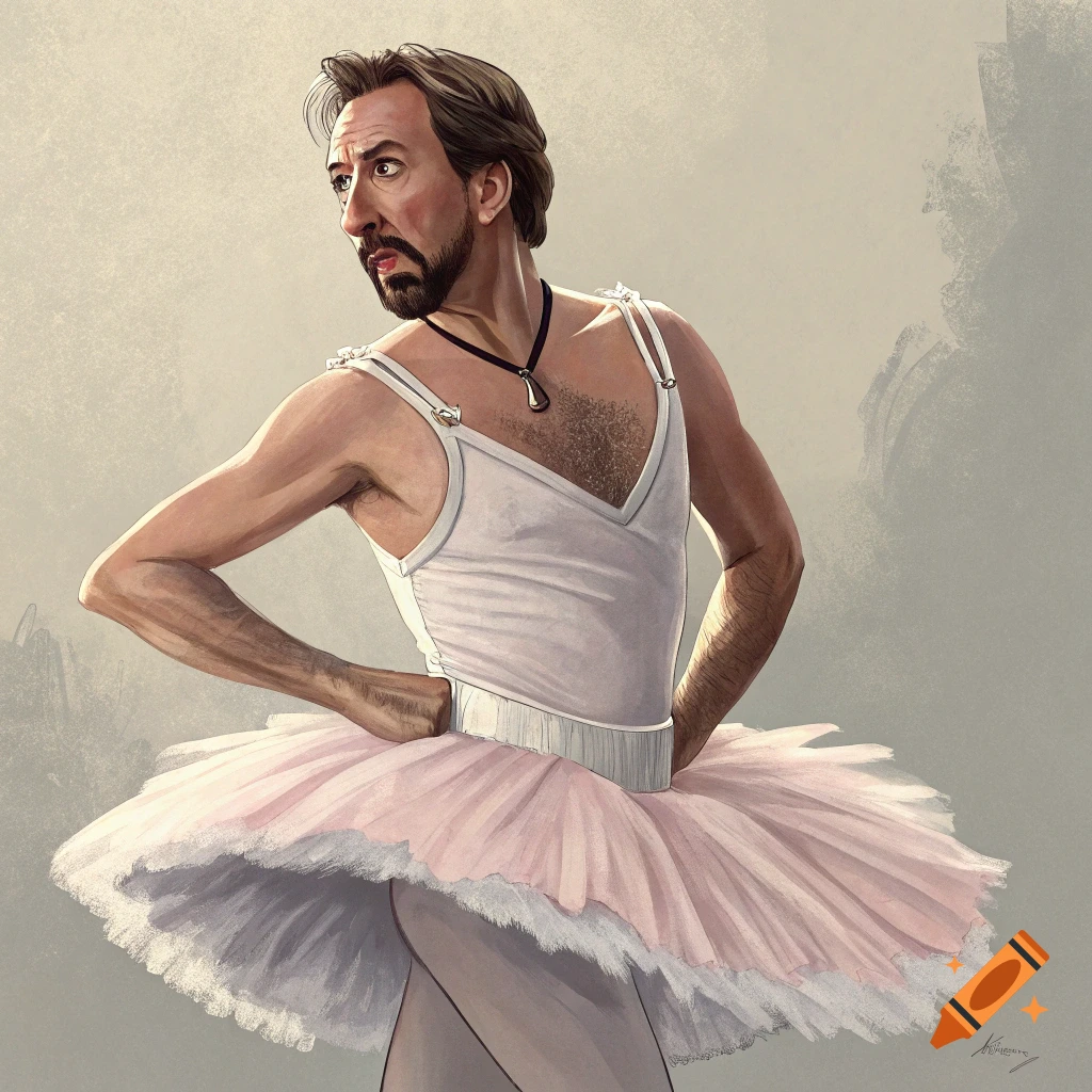 Caricature of a man in a white ballet top and pink tutu poses with hands on hips.