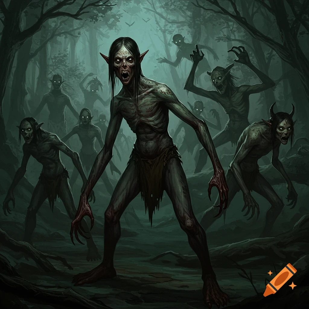 Monstrous skinwalkers in a dark, misty forest.