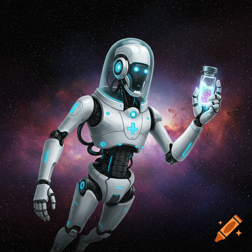 A medical robot in space holding a glowing bottle.