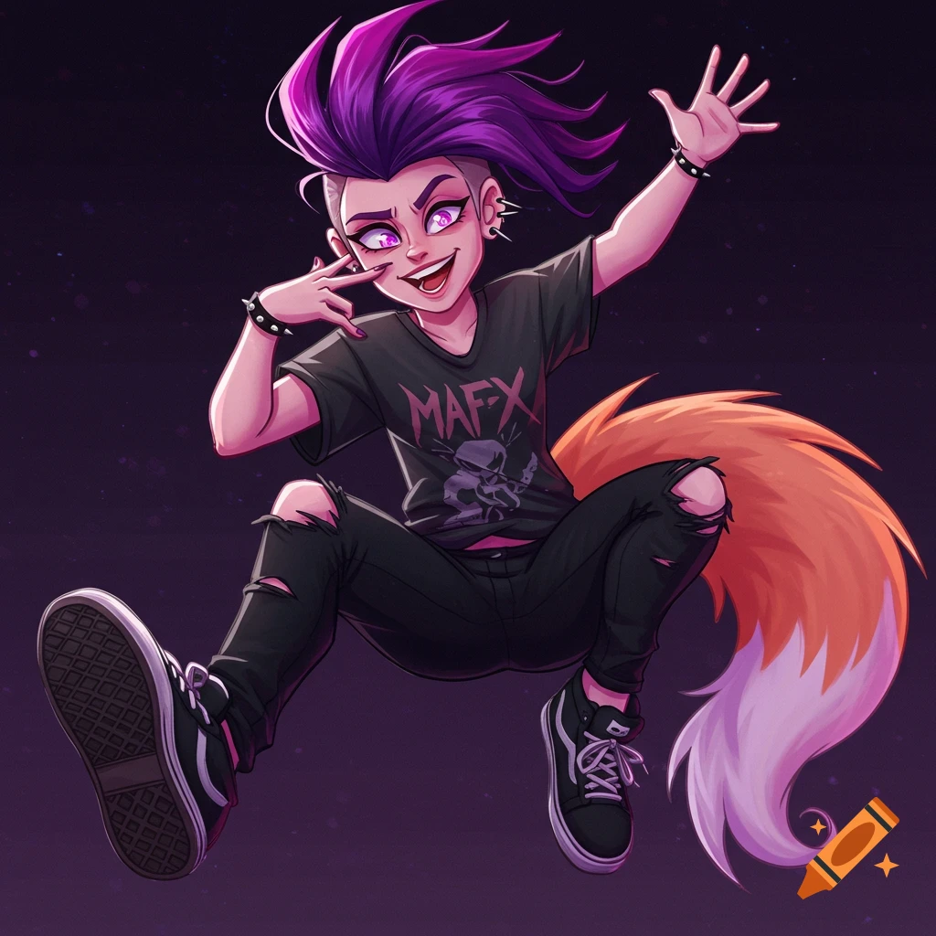 A stylized image of a punk character with purple hair and an orange fox tail, wearing a black t-shirt and ripped jeans, jumping in the air.