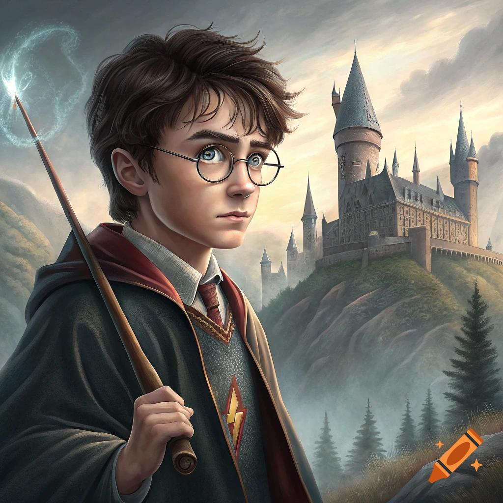 Digital illustration of young Harry Potter holding a wand in front of Hogwarts castle.