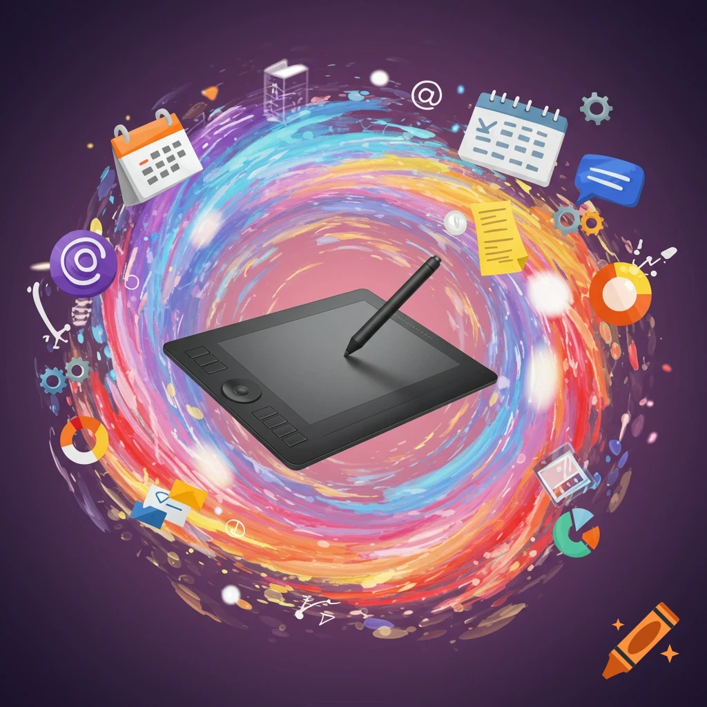 A digital drawing tablet and stylus surrounded by icons representing creativity, planning, and communication on a swirling colorful background.