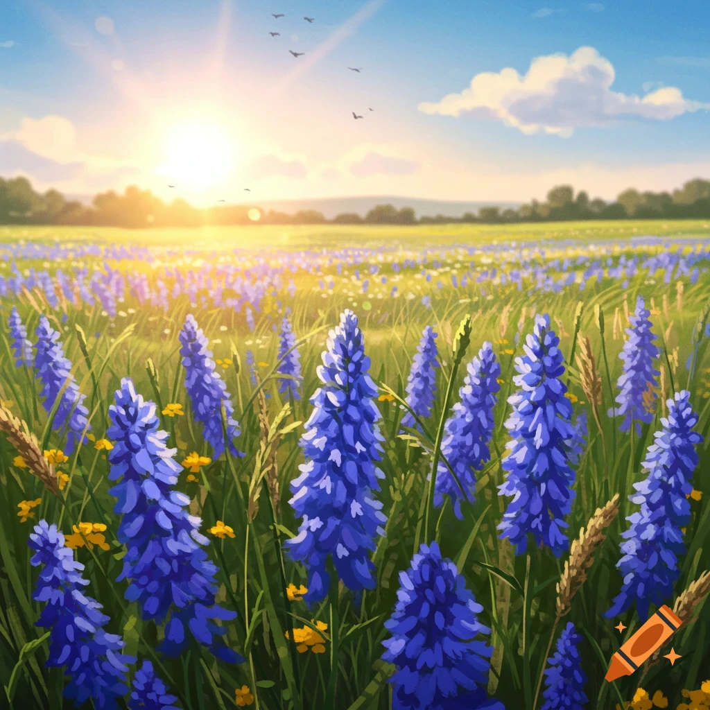 A field of blue flowers under a sunset.