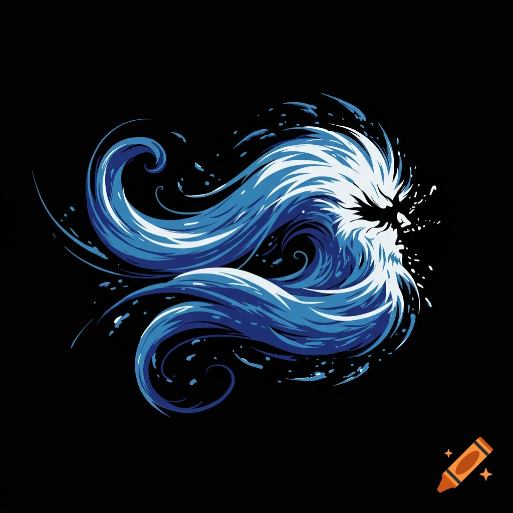 A stylized vector graphic of a blue and white wave or wind shape on black, resembling a face in profile.