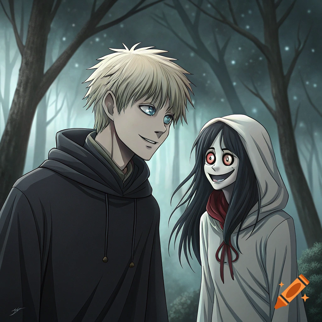 Anime illustration of a blond man and a creepy woman with red eyes and wide smile in a misty forest.