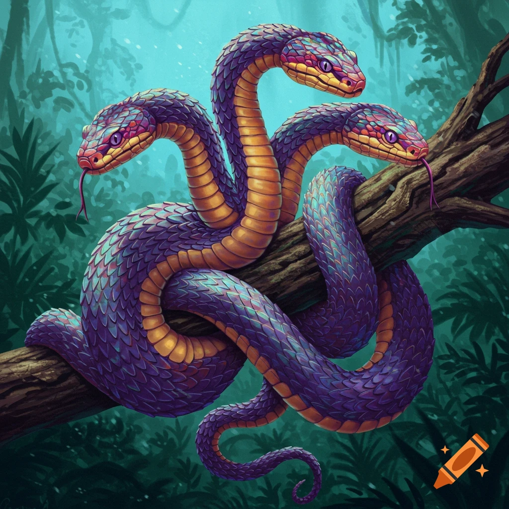 A three-headed purple and gold snake coiled around a branch in a jungle.