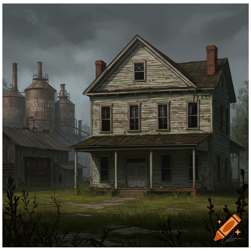 An abandoned house and industrial buildings stand in a gloomy landscape.