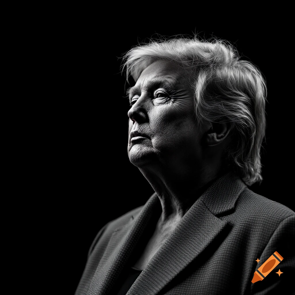 Black and white hyper realistic portrait of an older woman with short hair looking up against a black background.