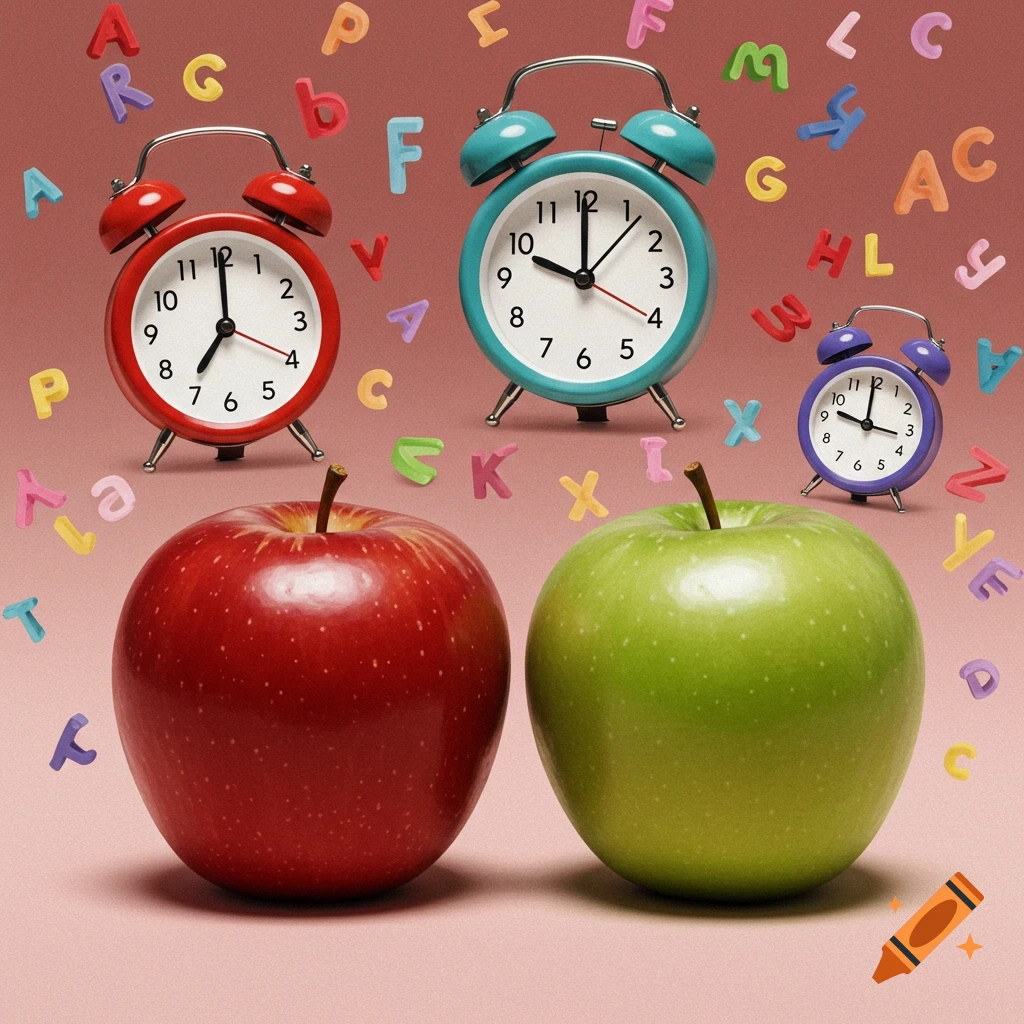 A red apple, a green apple, three alarm clocks, and scattered alphabet letters on a pink background.