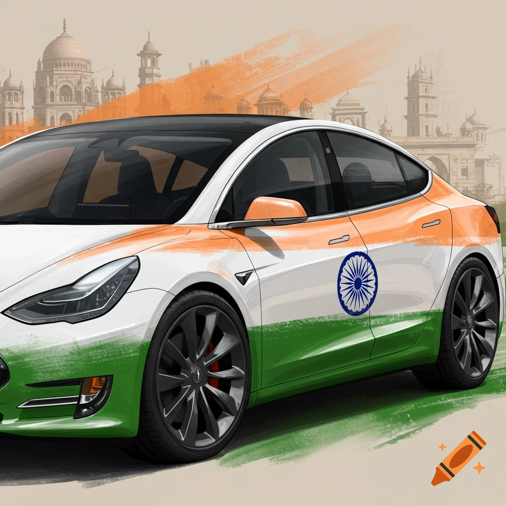 A Tesla car painted with the Indian flag colors and Ashoka Chakra against sketched Indian landmarks.