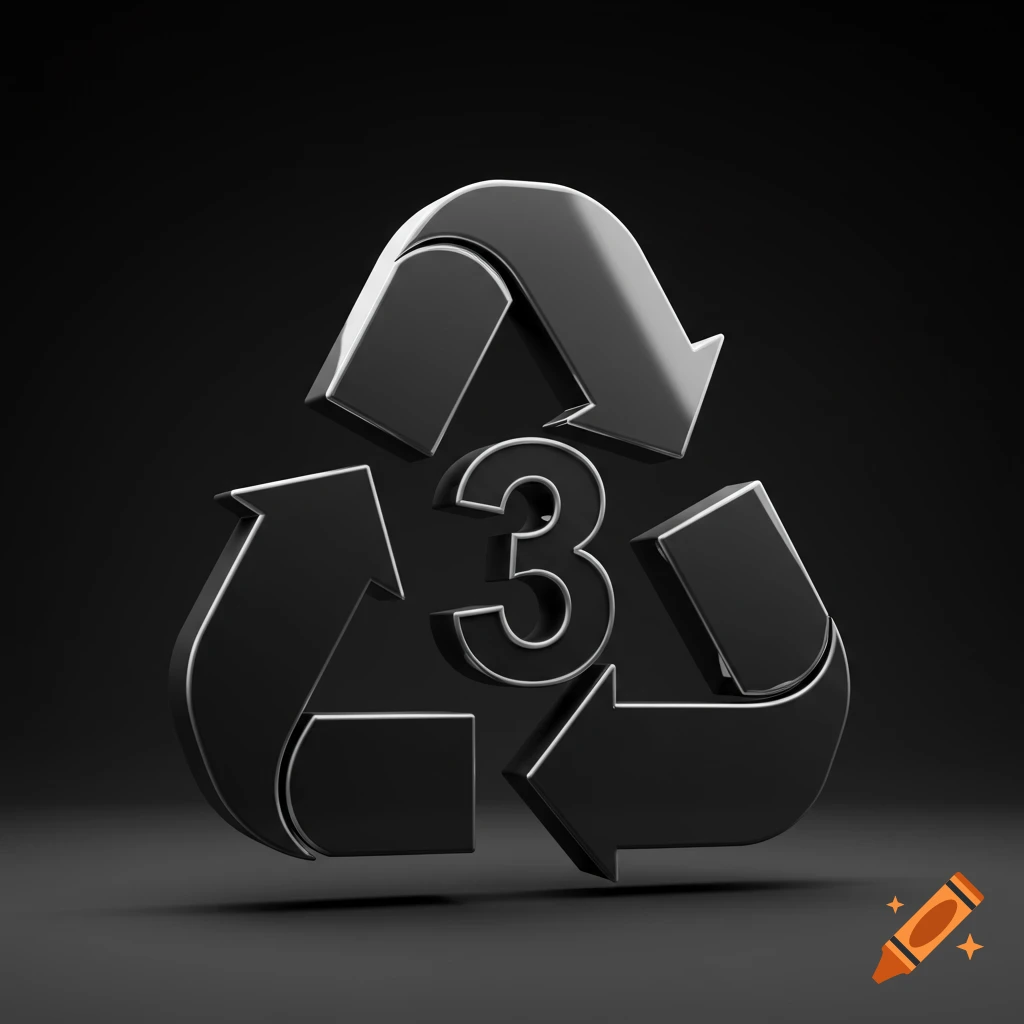 Glossy black recycle logo with silver trim and number 3 on a dark background.