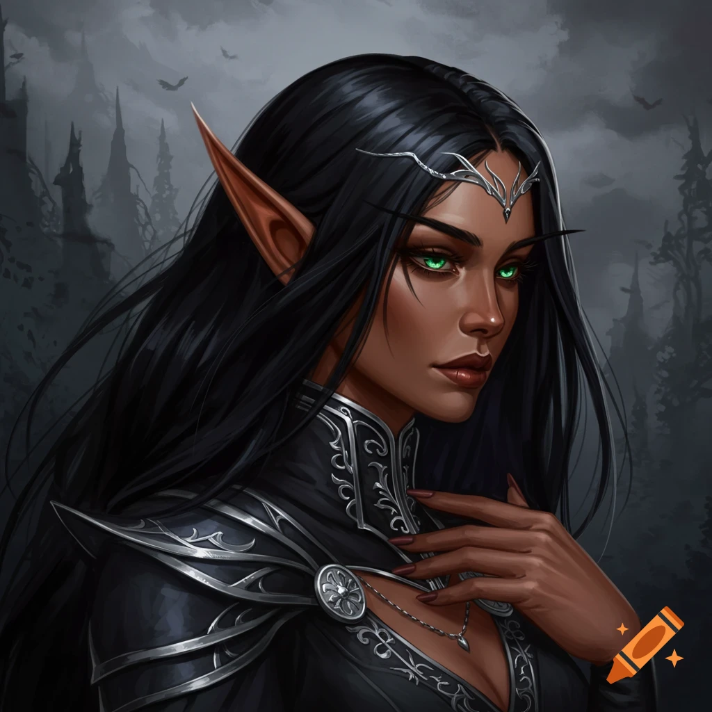A Gothic female elf with long black hair, green eyes, and brown skin against a dark, fantasy background.