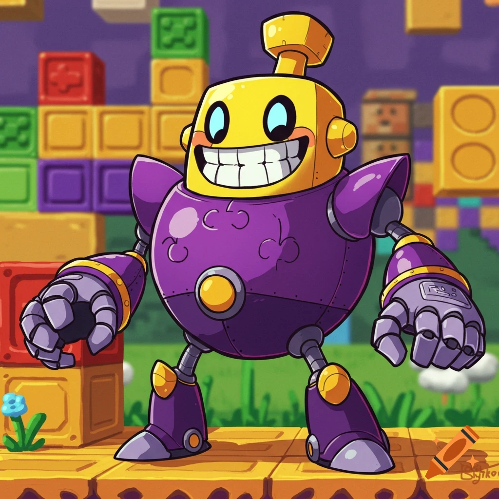 Cartoon robot in a pixelated block world