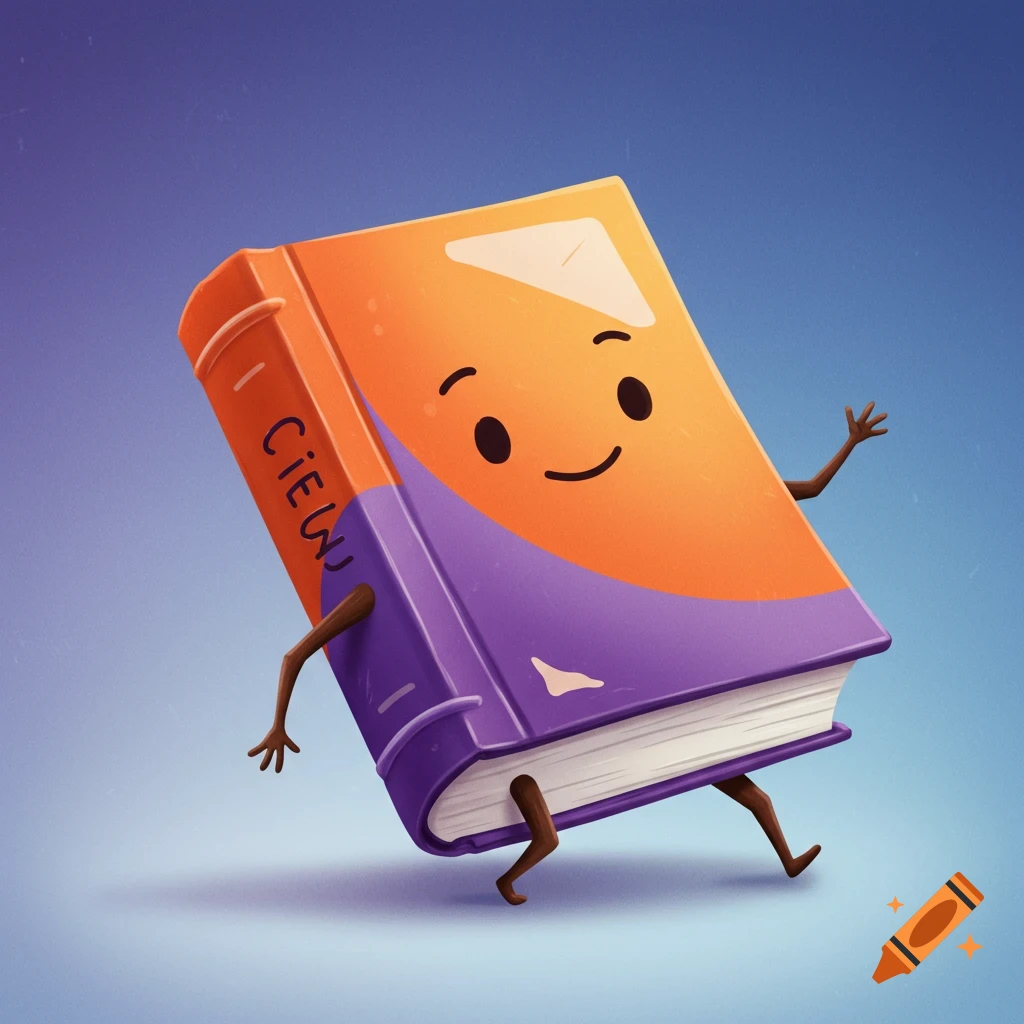An animated book with an orange and purple cover, face, and stick limbs, walking.