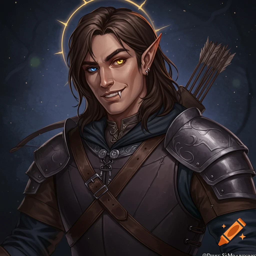 Fantasy male character with long brown hair, pointed ears, heterochromia, fangs, wearing armor and carrying arrows.
