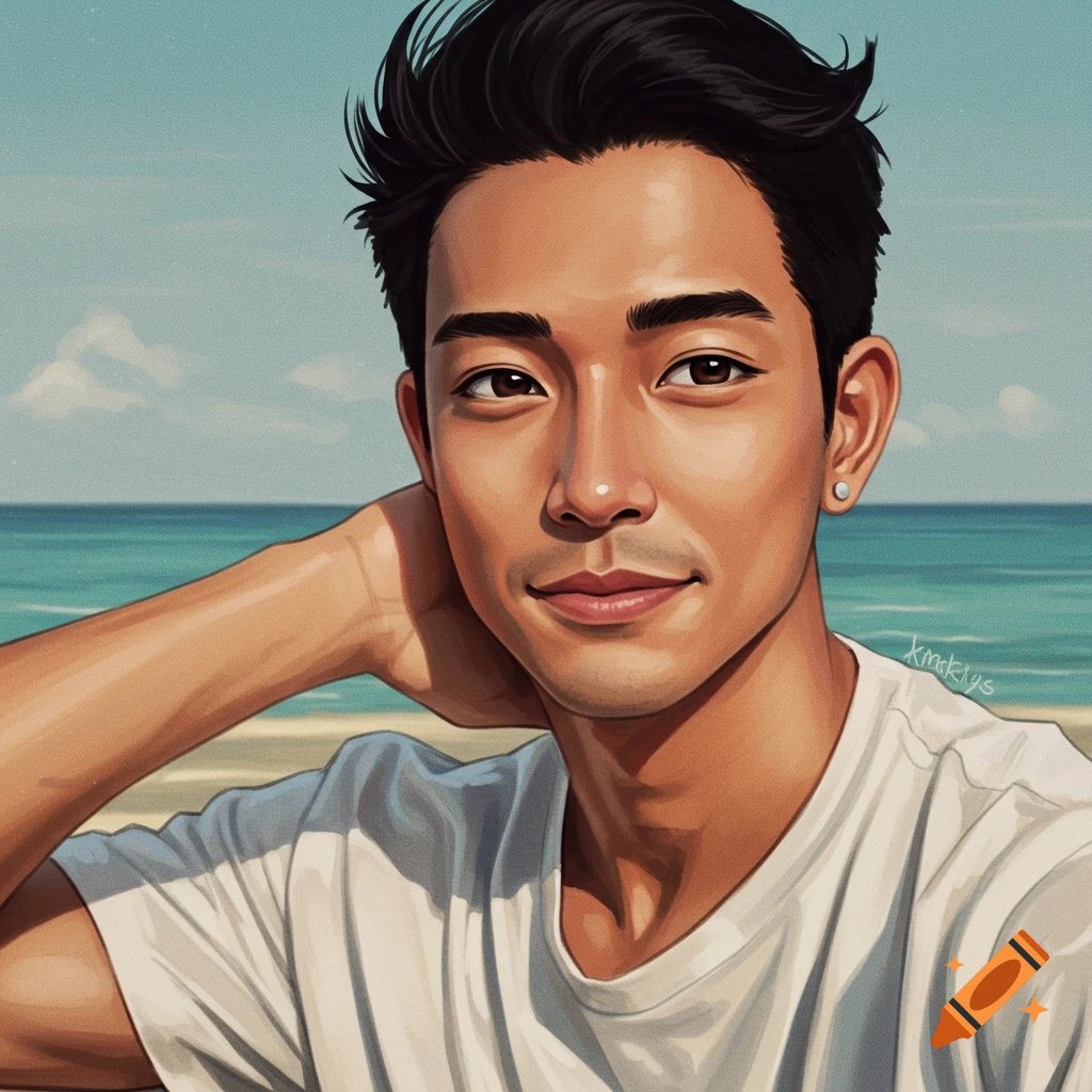 A portrait of a tan man with black hair smiling, with a beach and ocean in the background.